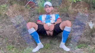 Horny Soccer player male-pussy outdoor training with cum and milk enema in the football ki