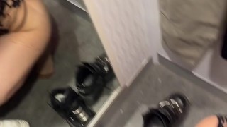 My friend gets horny so I suck his cock in the fitting room of the clothing store in public