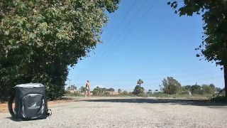 Naked, horny muscle, masturbating outside on a hot day (risky)