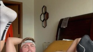 Gooning College Jock Busts Explosive Cumshot While Home Alone 
