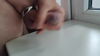 Clear masturbator, steel cock ring and three times cuming