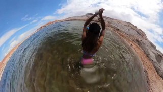 Swimming in thongs with blow job in the lake
