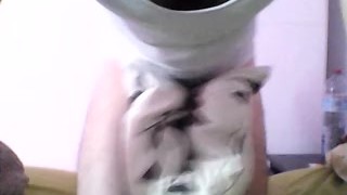 Edging in thong underwear with legs and pillow