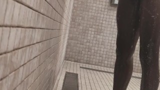 Big Cock Caught Stroking in Public Gym Shower