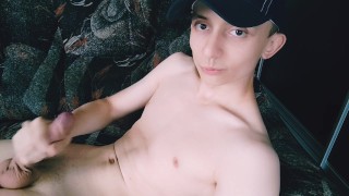 Skinny guy jerks off and cums
