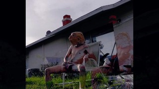 jerking off after trimming the grass in nothing but a thong