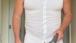 Rex stripped in a onesie to reveal cockcage