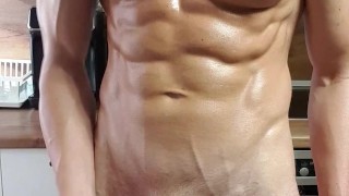Big muscular alpha stud oiled flexing and masturbating