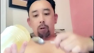 Asian Big Cock With Fleshlight Sniffing Underwear & Big Cumshot