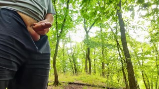 Big dick cums four times in a row in public forest