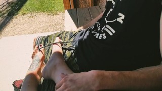 Trying To Not Get Caught In The Park Handjob & Footjob!