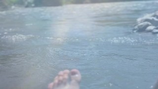 Refreshing summer day. Femboy semi naked in the middle of the lake, alone and hot
