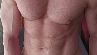 6'7" hung college athlete plays with cum covered cock