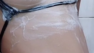 Slippery seduction - nipple play in the shower with Yvie Lowe