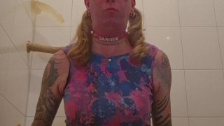 Sissy slut in dress rides dildo