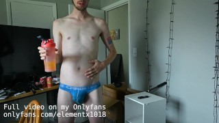 Twink Marvels at his full belly after eating too much