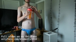Twink Marvels at his full belly after eating too much