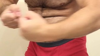 Hairy muscle bear flexing in red boxer briefs!