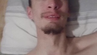 Skinny skinhead gives his dildo a sloppy blowjob and enjoys slapping dildo all around himself