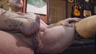 Jerking off my uncut cock ending with lots of cum