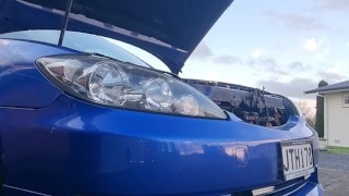 White kiwi bear fucks car tow ball, hand brake, gear shifter and oil dipstick. long version