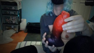 Sissy ruins hole on big red dildo.