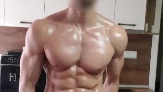 Tall muscular alpha stud flexing oiled body and stroking BWC