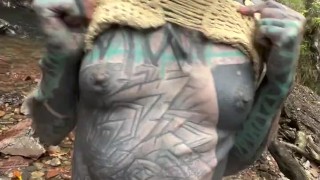 Tattooed and Pierced Woman gets Facefuck and gives Hardcore Blowjob at Outdoor Waterfall