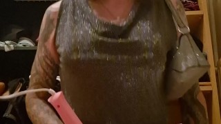 Sissy sits on dildo and cums using vibrator