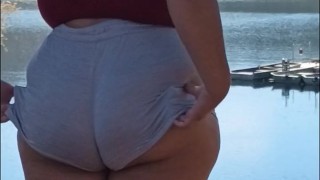 Sexy wife flashing my big ass and tits to guys fishing on the lake pov