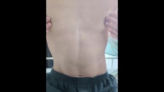 Masturbation using lotion to erotically stroke the nipples