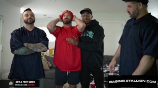 Beefy Stud Railed By 3 Hot Hunks During Game Night - Bruce Jones, Grayden Hall - RagingStallion