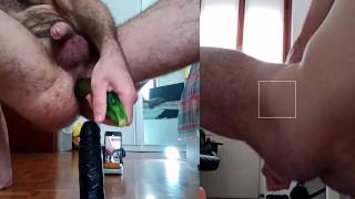 Big vegetables and big dildos up my ass to stimulate my prostate and cum