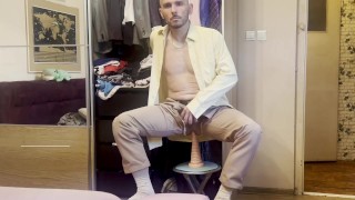suited gentleman is spreading legs like slut and plays with his malepussy with locked dick