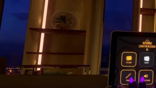 Rex in full latex suit jerks off in VRChat on couch.