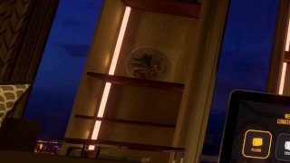 Rex in full latex suit jerks off in VRChat on couch.