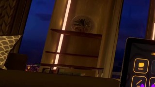 Rex in full latex suit jerks off in VRChat on couch.