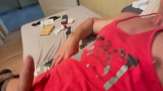 Laying on my favourite sofa and jerking off.