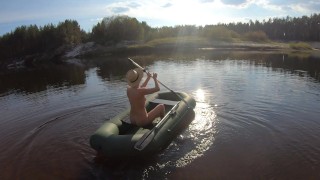 Naked girl pumped up the boat