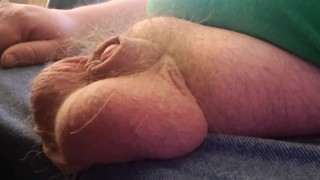 Chubby enby with big fupa relaxing, playing with big balls, soft cock