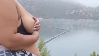 Got caught flashing my big tits to fisherman on the lake. Pov hubby films