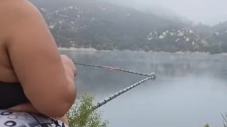 Got caught flashing my big tits to fisherman on the lake. Pov hubby films