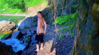 big dick guy fucks cute twink on nudist beach and cums on face