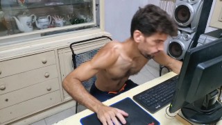 Handsome, bearded, muscular straight man jerking off his thick cock watching HD porn