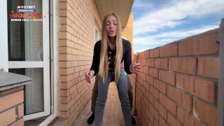 Step sister smokes on the balcony, takes off her jeans and lets her pussy get fucked