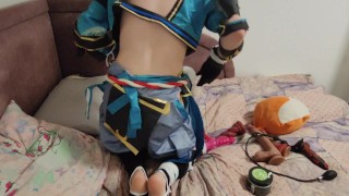 Femboy fucks himself in cosplay Gorou from Genshin Impact