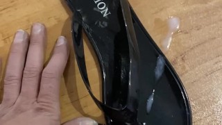 Fuck Shiny Black Flip Flop and Cum in Sandal