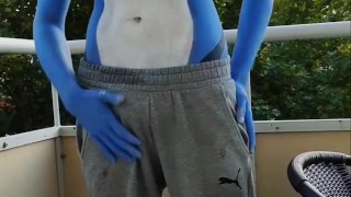 Bodypaint shark teases on balcony
