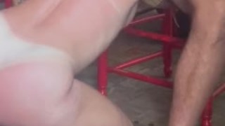 Mad is a whore! Slutty girlfriend sucks cock and get fucked! Standing doggystyle creampie