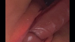 Laying on my side fucking myself w a black dildo.. watch the creamy cum drip out of my tight pussy😈